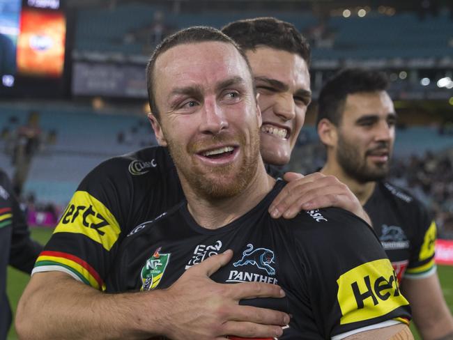 Nathan Cleary of the Panthers hugs James Maloney of the Panthers at full time of the Elimination Final between the Penrith Panthers and the New Zealand Warriors in Week 1 of the NRL Finals Series at ANZ Stadium in Sydney, Saturday, September 8, 2018. (AAP Image/Craig Golding) NO ARCHIVING, EDITORIAL USE ONLY