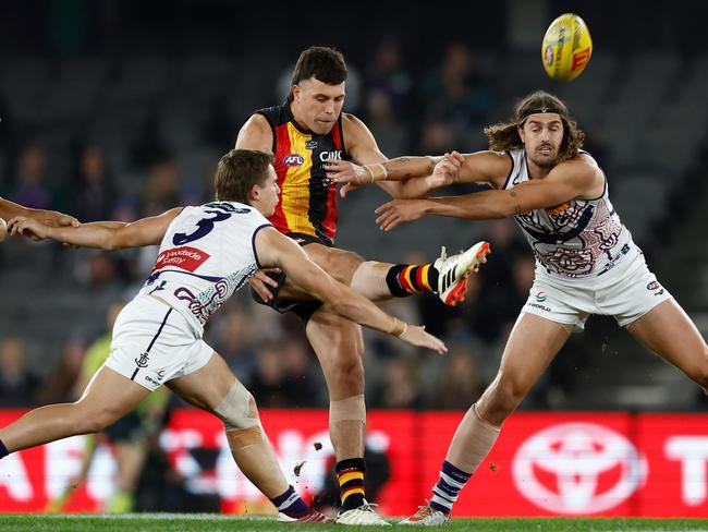 MELBOURNE, AUSTRALIA - MAY 18: Rowan Marshall of the Saints and Luke Jackson of the Dockers compete for the ball during the 2024 AFL Round 10 match between Euro-Yroke (St Kilda) and Walyalup (Fremantle) at Marvel Stadium on May 18, 2024 in Melbourne, Australia. (Photo by Michael Willson/AFL Photos via Getty Images)