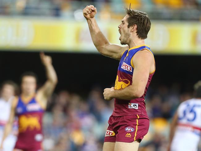 Ryan Bastinac of the Lions celebrates a goal. Picture: Chris Hyde