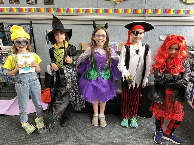 St Kilian's Primary School students Eliza Barrett, Madeleine Anderson, Maeve McMahon, Frank Olver and Julianna Hicks dressed up for Book Week. Picture: Gianni Francis.