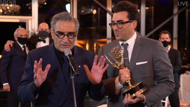 Daniel and Eugene Levy receive the Outstanding Comedy Series Emmy as part of any awards sweep for Schitt's Creek, the feel-good show we needed this year.