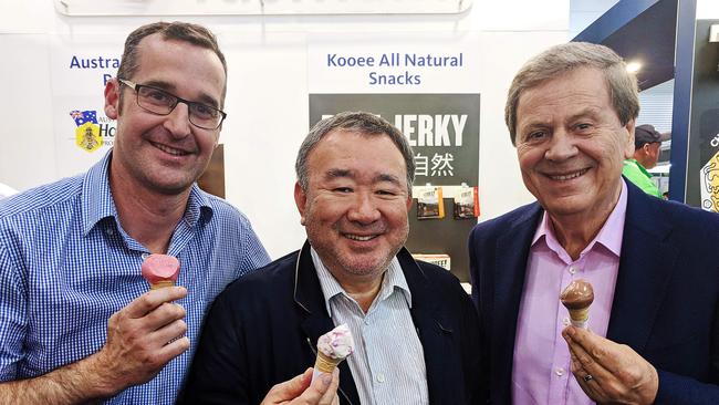 Tasmanian chef Rodney Dunn, chef Tetsuya Wakada and Ray Martin. Picture: AMANDA DUCKER