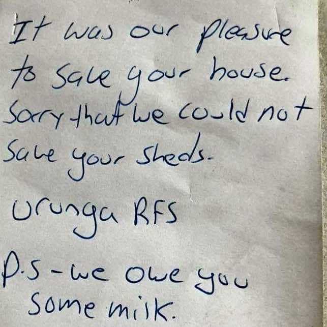 Fire fighter Kale Hardie-Porter wrote this note after saving a house in Urunga.