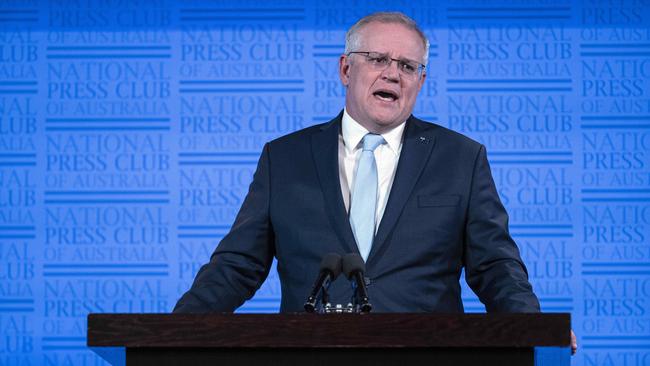 Prime Minister Scott Morrison delivering his 'Pre-Budget Address' at the National Press Club on Thursday. Picture: NCA NewsWire / Gary Ramage