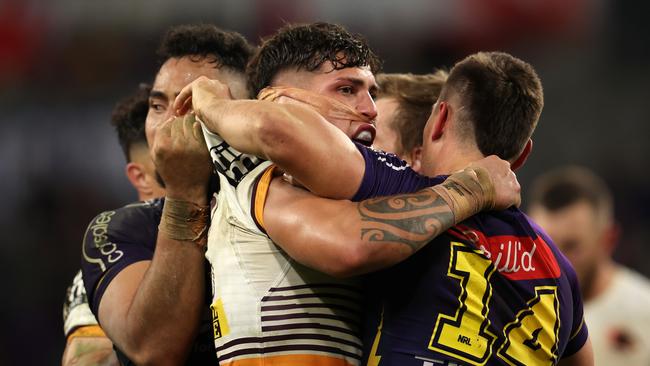 Jordan Riki scuffles with Bronson Garlick when the Storm and Broncos clashed earlier this season. Picture: Robert Cianflone/Getty Images.