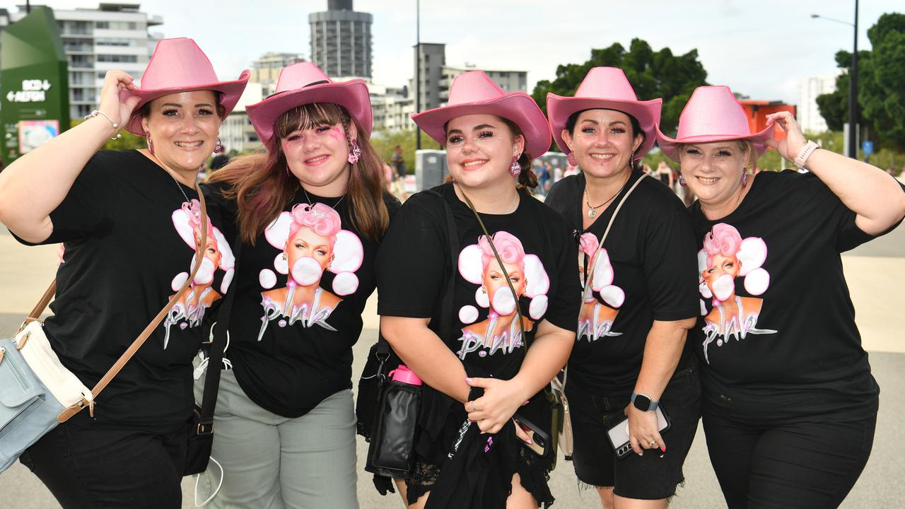 Socials at Pink convert at Townsville's Quensland Country Bank Stadium. Amanda Parker, Ella Browning, Amelia Clancy, Nadia Clancy and Kylie Harris. Picture: Evan Morgan