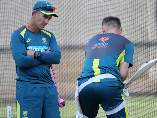 Australian cricket Training and Lunch. 25/12/2019..   Australian coach Justin Langer talks with Marnus Labuschagne  . Pic: Michael Klein