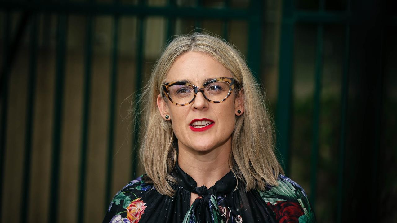 Aimee McVeigh from QCSS speaks to the media after a housing shortage round table discussion at Queensland Parliament in Brisbane. Picture: NCA NewsWire / Glenn Campbell