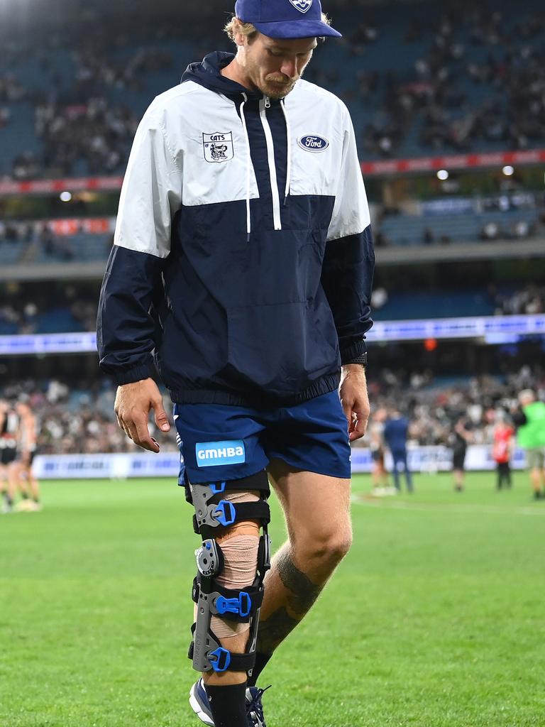 Tom Stewart with his knee in a brace post-match. Picture: Getty Images