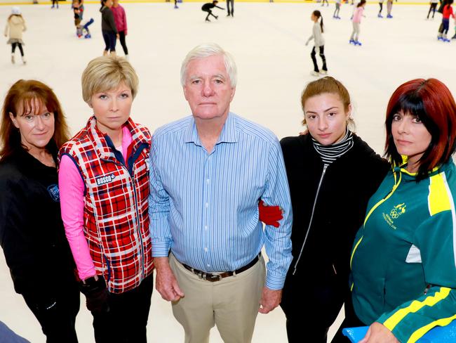 Standing firm: Skating coaches Cathy Evans, Liudmila Kuztnezova, Macquarie Ice Rink owner Dr Frank Gregg, Chantelle Kerry and Winter Olympian skating director Monica MacDonald. Picture: Angelo Velardo