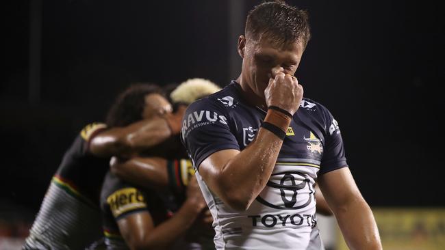 Scott Drinkwater of the Cowboys looks dejected after a Panthers try. (Photo by Mark Kolbe/Getty Images)