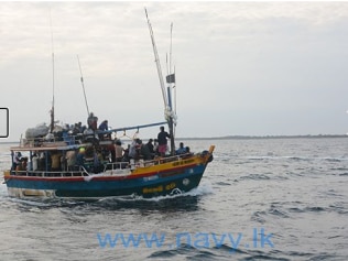 The multi-day fishing trawler carrying 64 asylum seekers was intercepted by the Sri Lankan navy on Wednesday. Picture: Sri Lanka Navy
