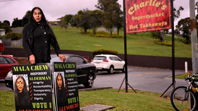 Glenorchy Council candidate Mala Crew says she's has copped vicious racial vandalsim since the elections began. Picture: Kenji Sato