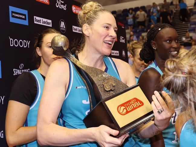 Lauren Jackson celebrates the Southside Flyers winning the WNBL Championship earlier this year. Picture: Kelly Defina/Getty Images