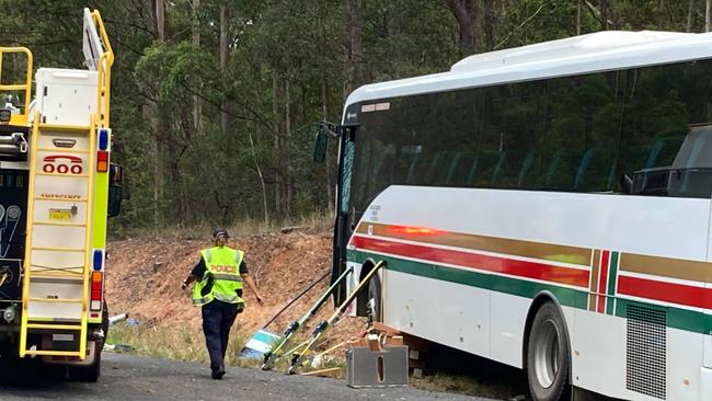 The scene of the horror fatal crash involving a school us and Ute at Wolvi. Picture: Scott Kovacevic