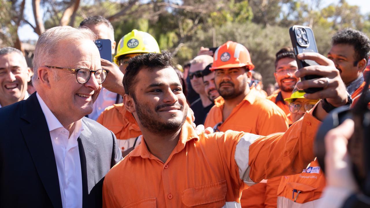 Prime Minister Anthony Albanese with Whyalla steel workers on Thursday. Picture: NewsWire / Tim Joy