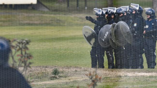 Riot police called to the Frank Baxter Juvenile Justice Centre in Kariong where detainees went on a 21-hour rampage last year. Picture: Dean Lewins/AAP