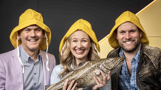 Philp Lowe, Zoe Gertz and Doug Hansell star in Come from Away, which opens in Adelaide at the Her Majesty’s Theatre. Picture: Kelly Barnes