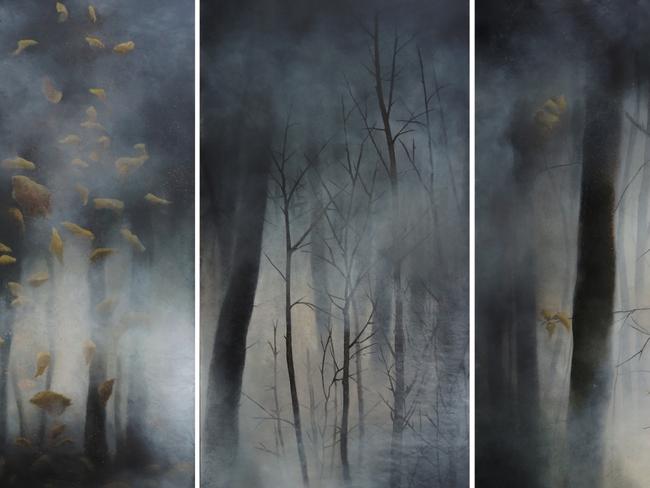 Hannah Kay, Into the Woods (detail) 2032 Oils and tempera on rice paper 150 x 70 cm per panel, 19 panels in total