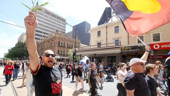 Protesters marched through the Adelaide CBD on Friday for Survival Day. Picture: NCA NewsWire / Kelly Barnes