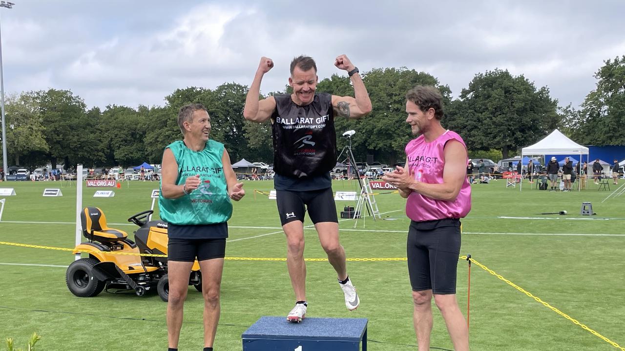 Andrew Drummond (black) celebrates winning the Masters Handicap with Daniel Martin and Steven Coulson finishing in second and third. Picture: Shane Jones.