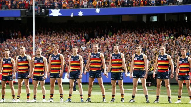 Adelaide Crows players line up for the national anthem before the 2017 AFL Grand Final. Picture: Getty Images