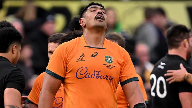 DUNEDIN, NEW ZEALAND - AUGUST 05: Will Skelton of Australia reacts following The Rugby Championship & Bledisloe Cup match between the New Zealand All Blacks and the Australia Wallabies at Forsyth Barr Stadium on August 05, 2023 in Dunedin, New Zealand. (Photo by Joe Allison/Getty Images)