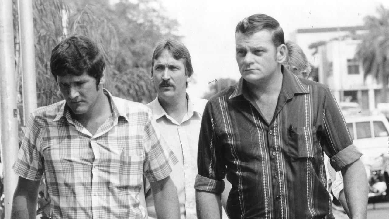 Reginald Arthurell (right) arrives at the Alice Springs Court in 1981. Picture: File