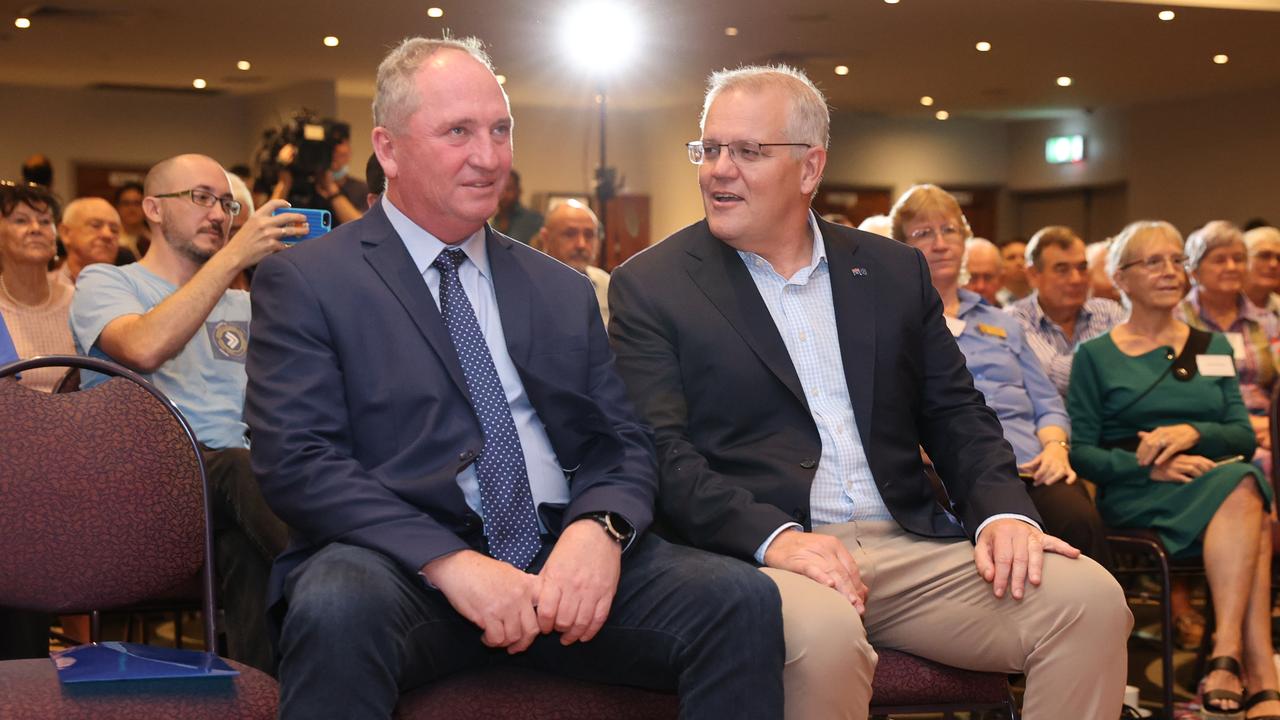 Prime Minister Scott Morrison meets with deputy prime minister Barnaby Joyce in the Seat of Capricornia Rockhampton, QLD to give a speech. Picture: Jason Edwards