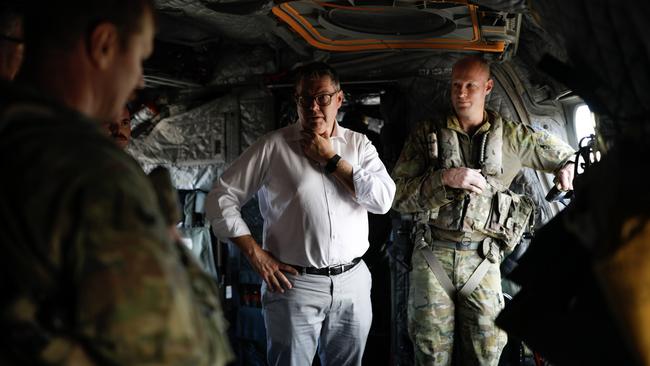 Deputy Prime Minister and Defence Minister Richard Marles and Minister for Defence Industry Patrick Conroy at RAAF Base Townsville where they inspected a CH-47 Chinook.