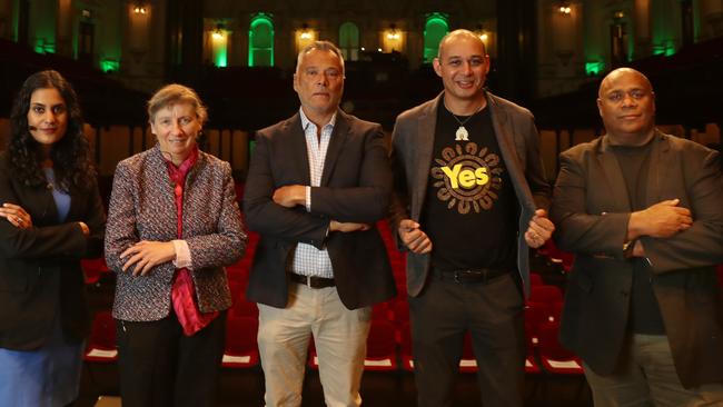 Writer Shireen Morris with fellow Yes campaigners Anne Twomey, Stan Grant, author, Thomas Mayo, and Shane Phillips at the Sydney Town Hall for the Voice-City Forum. Picture: John Feder/The Australian.