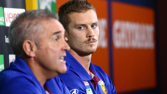 Brisbane coach Chris Fagan with Dayne Beams. Picture: Darren England