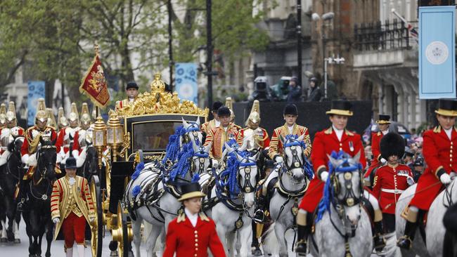 King Charles rode in the Diamond Jubilee Coach built in 2012 to commemorate the 60th anniversary of the reign of Queen Elizabeth II. Picture: Getty Images