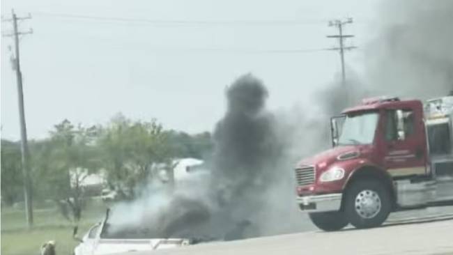 Smoke could be seen coming from the vehicle following the crash. Picture: Skilled Truckers Canada