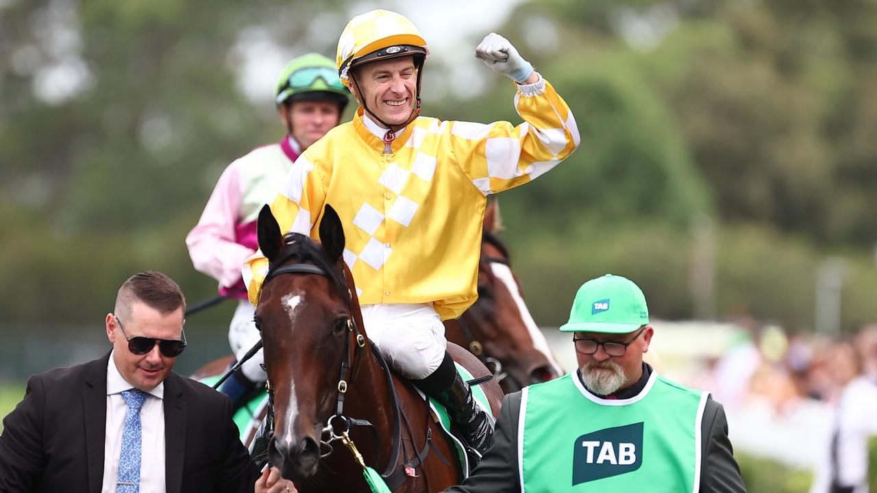 SYDNEY, AUSTRALIA - MARCH 23: Blake Shinn riding  Lady Of Camelot wins Race 8 Golden Slipper during the Golden Slipper Day - Sydney Racing at Rosehill Gardens on March 23, 2024 in Sydney, Australia. (Photo by Jeremy Ng/Getty Images)