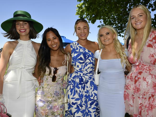 Apiam Bendigo Cup was held at Bendigo Racecourse, Bendigo, Victoria, on Wednesday, October 30th, 2024. Pictured enjoying the horse racing carnival are Amelia, Tia, Simone, Olivia, Courtney. Picture: Andrew Batsch