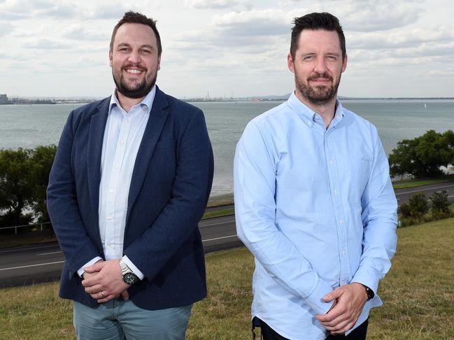 An idea to shut Moorabool St, Malop St and Corio St and Little Malop St to cars has been floated by planning consultant Ratio. Pictured is Ben Krastins, left, and James Hamilton. Both are senior associates with Ratio. Picture: David Smith.