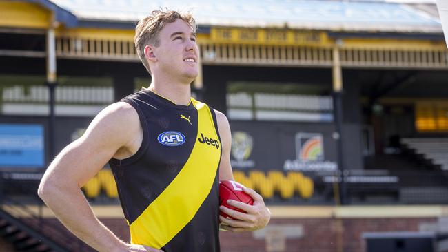 Richmond recruit Tom Lynch in front of the Jack Dyer Stand at Punt Rd Oval.