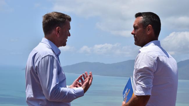 Deputy Opposition Leader Jarrod Bleijie with LNP candidate for Townsville Adam Baillie at Castle Hill Lookout in Townsville on Wednesday.