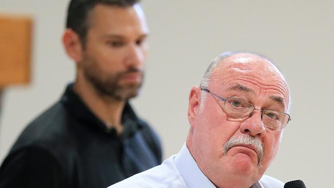 Warren Entsch speaks to the media after officially opening the new Cairns Basketball facility as former Taipans player Matt Smith listens. Picture: Justin Brierty