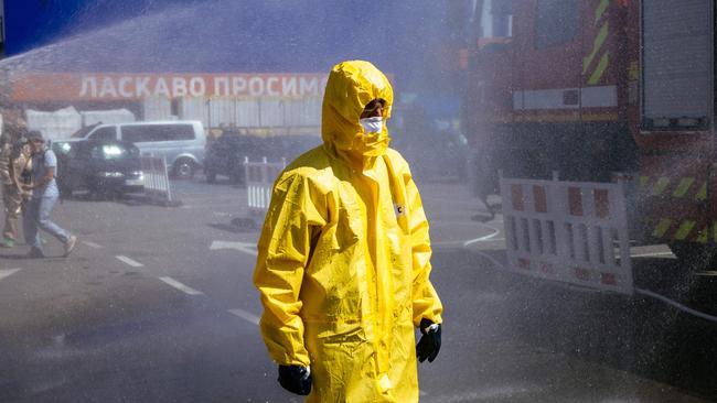 A Ukrainian Emergency Ministry rescuer attends an exercise in the city of Zaporizhzhia in case of a possible nuclear incident at the Zaporizhzhia nuclear power plant. Picture: AFP