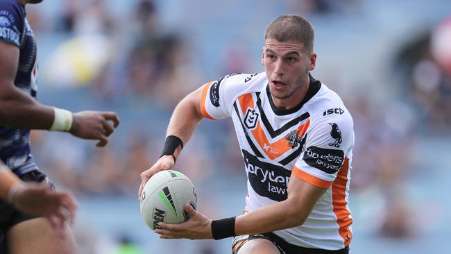 ROTORUA, NEW ZEALAND - MARCH 01: West Tigers Adam Doueihi makes a break during the NRL trial match between the Warriors and the Wests Tigers on March 01, 2020 in Rotorua, New Zealand. (Photo by Michael Bradley/Getty Images)