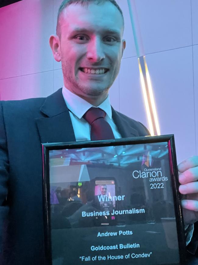 Gold Coast Bulletin journalist Andrew Potts in late 2022 when he won the Clarion Award for best Business journalism.