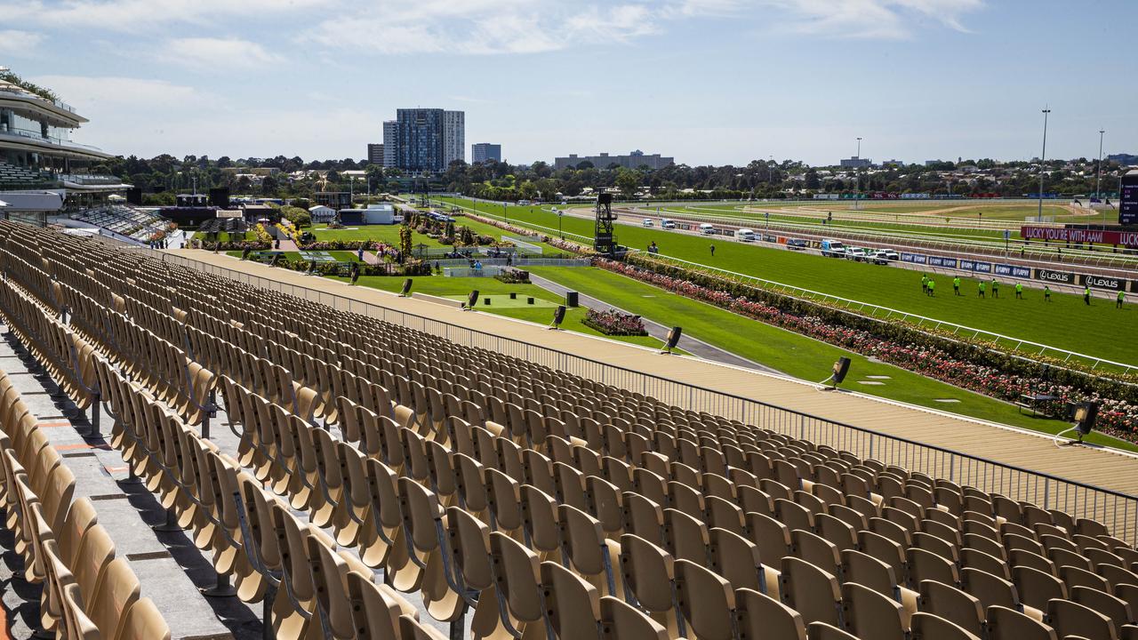 03/11/20 Melbourne Cup day at Flemington racecourse looking very different this year without any crowds. Aaron Francis/The Australian