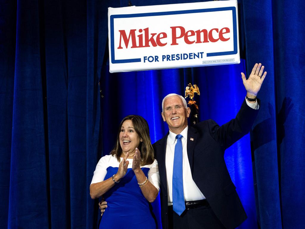 Former US Vice President Mike Pence (R), with his wife Karen Pence, at his presidential campaign launch event at the Des Moines Area Community College in Iowa. Picture: AFP.