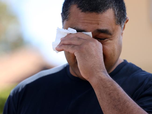 Toutai Kefu speaking to media outside his property following a home invasion earlier this week. Pics Tara Croser.