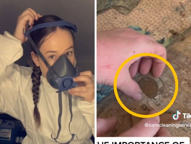 Cleaner and viral TikTokker Charlotte Bosanquet, 20, was pulling up the carpet of a hoarderâ€™s home when she across a relic coin from 1930. Picture: TikTok