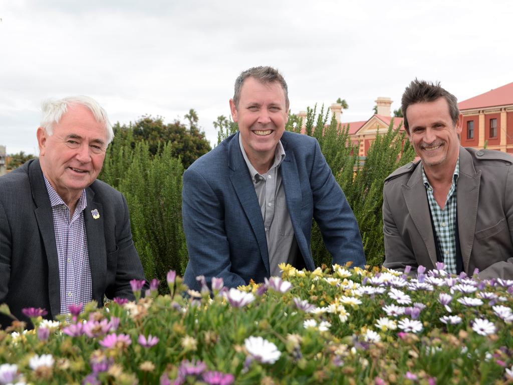 FAST-TRACKED: Celebrating the inclusion of the Toowoomba Railway Parklands project in the upcoming Southeast Queensland City Deal are (from left) Mayor Paul Antonio, Groom MP Garth Hamilton and Chamber of Commerce CEO Todd Rohl.