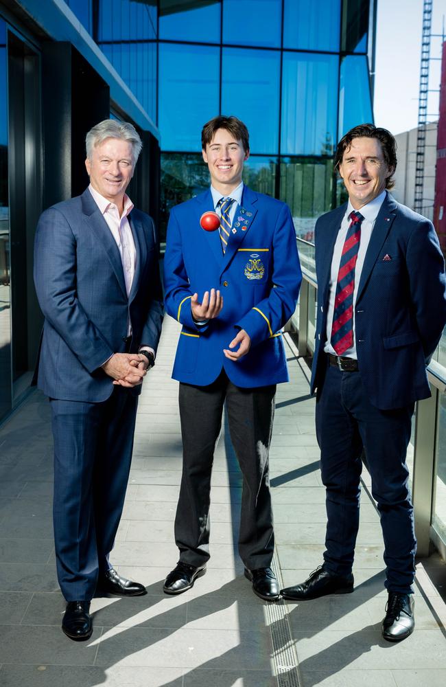 Brad Hogg and Steve Waugh with Marist College Ashgrove student Will Nickelson at the launch of cricket television show 'The Hunt', Brisbane, Friday, June 9, 2023 – Picture: Richard Walker