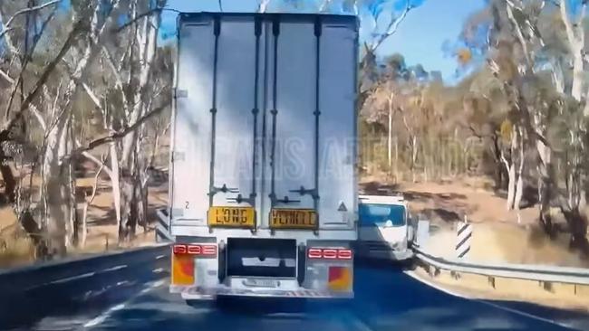 A driver caught the shocking dashcam footage of a series of close calls between a B-double and oncoming traffic on a winding Adelaide Hills road. Picture: Dashcams Adelaide